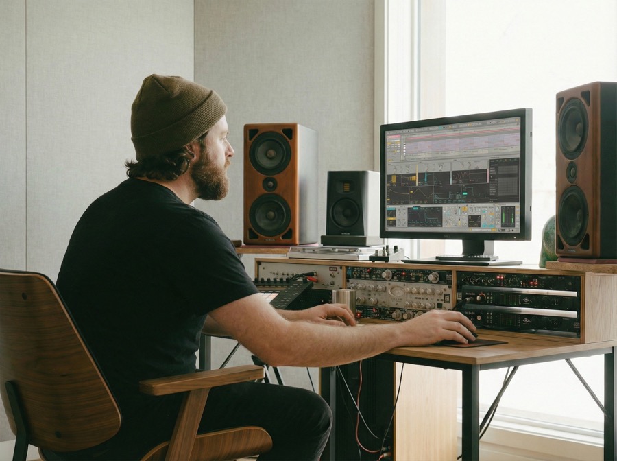 Nick working at a studio desk with monitors and analog rack gear