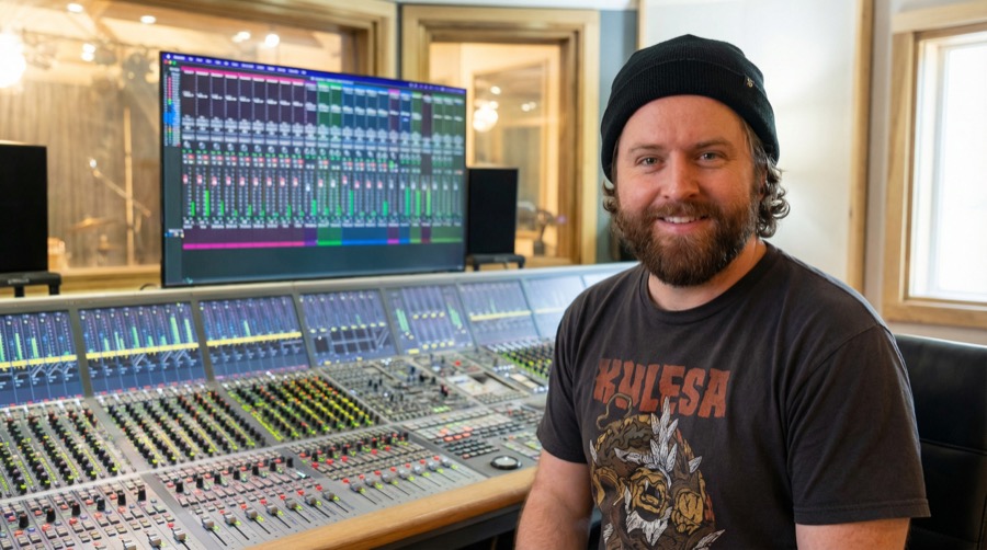 Nick smiling in front of a mixing console and DAW session